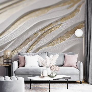 Elegant relief wallpaper featuring soft textures and gold accents in a modern living room setting.