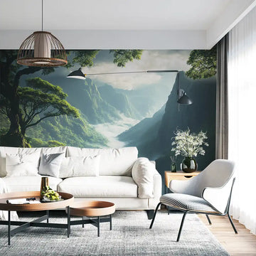 Mystical tropical landscape wallpaper in a modern living room with cozy furniture and natural lighting.