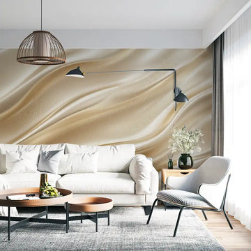 Stylish living room featuring the 'Кремави вълни' wallpaper with cream waves, elegant furniture, and soft lighting.