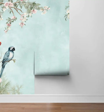 Colorful parrot wallpaper with floral design, perfect for enhancing living spaces.