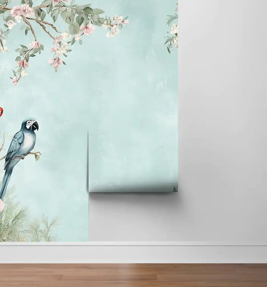 Colorful parrot wallpaper with floral design, perfect for enhancing living spaces.