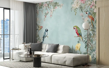Living room with colorful parrot wallpaper and modern furniture, creating a vibrant and exotic atmosphere.