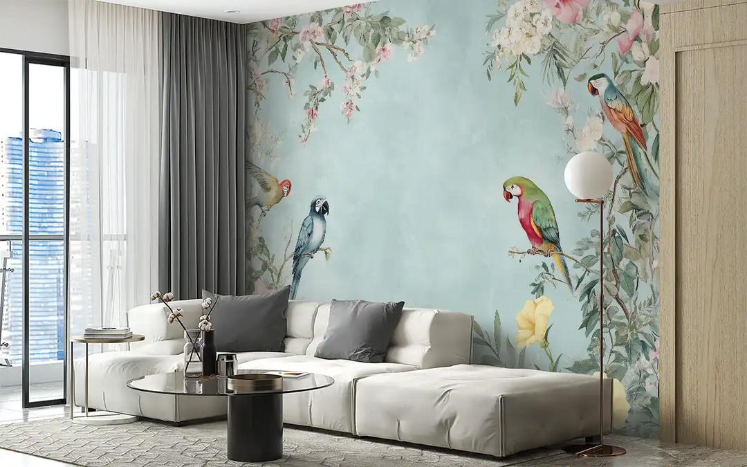 Living room with colorful parrot wallpaper and modern furniture, creating a vibrant and exotic atmosphere.