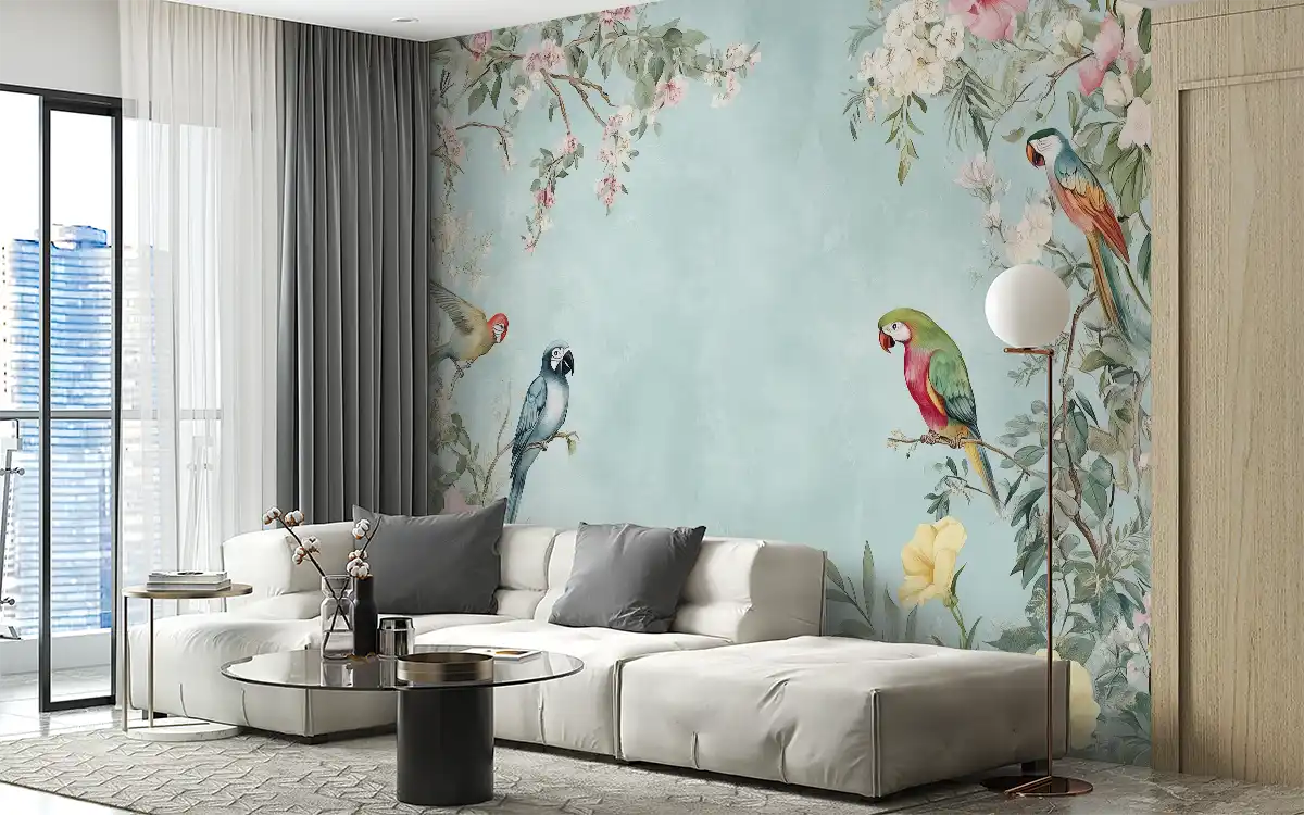 Living room with colorful parrot wallpaper and modern furniture, creating a vibrant and exotic atmosphere.