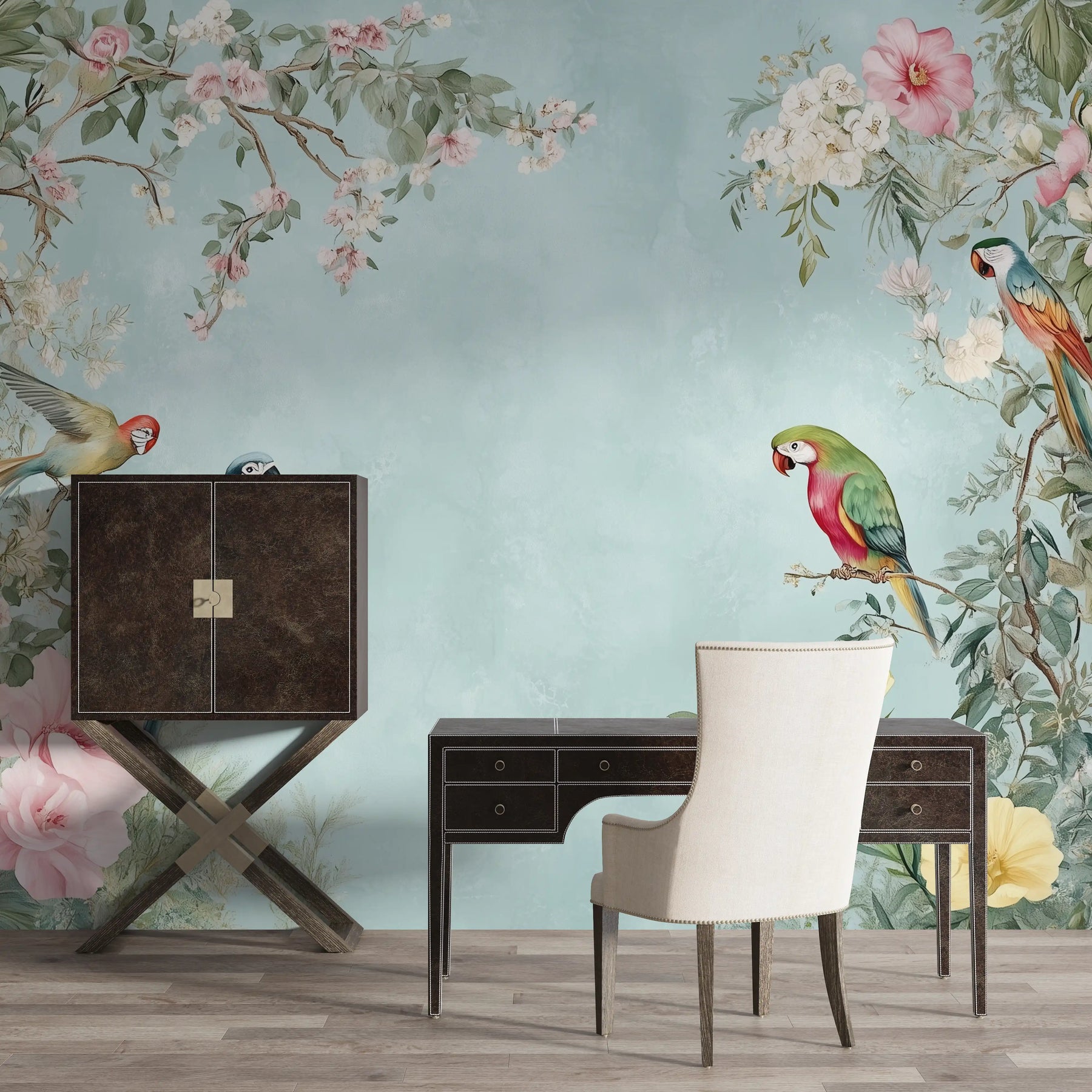 Colorful parrot wallpaper in a chic office setting with floral accents and modern furniture.