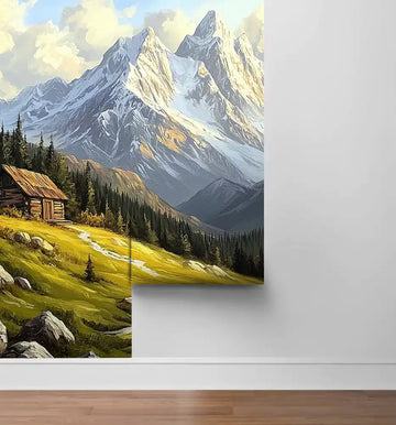 Фототапет Природна симфония с планини и горска хижа, вдъхновяваща природа и спокойствие в интериора.