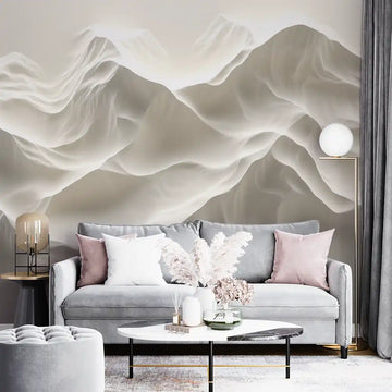 Stylish living room featuring a soothing beige mountain mural, soft grey couch, and modern decor accents.