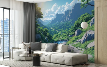 Living room with a stunning mural of a sunlit mountain landscape and modern furniture.