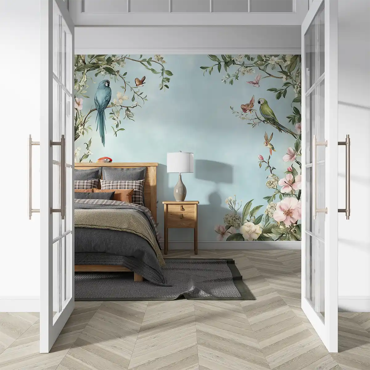 Stylish bedroom featuring a floral wallpaper mural with colorful birds for a serene atmosphere.