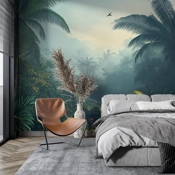 Interior with tropical palm wallpaper, modern chair, and cozy bedding, creating a serene atmosphere.