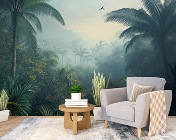 Living room featuring tropical palm wallpaper in mist, creating a serene and exotic atmosphere.