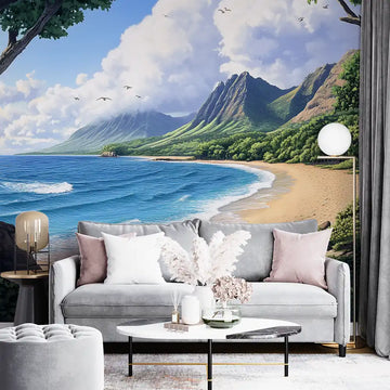Tropical beach mural depicting serene mountains and waves, enhancing living room decor with a tranquil atmosphere.