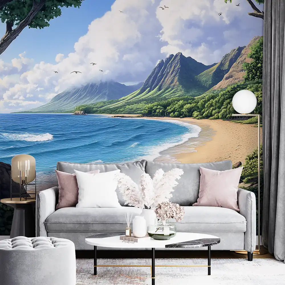 Tropical beach mural depicting serene mountains and waves, enhancing living room decor with a tranquil atmosphere.
