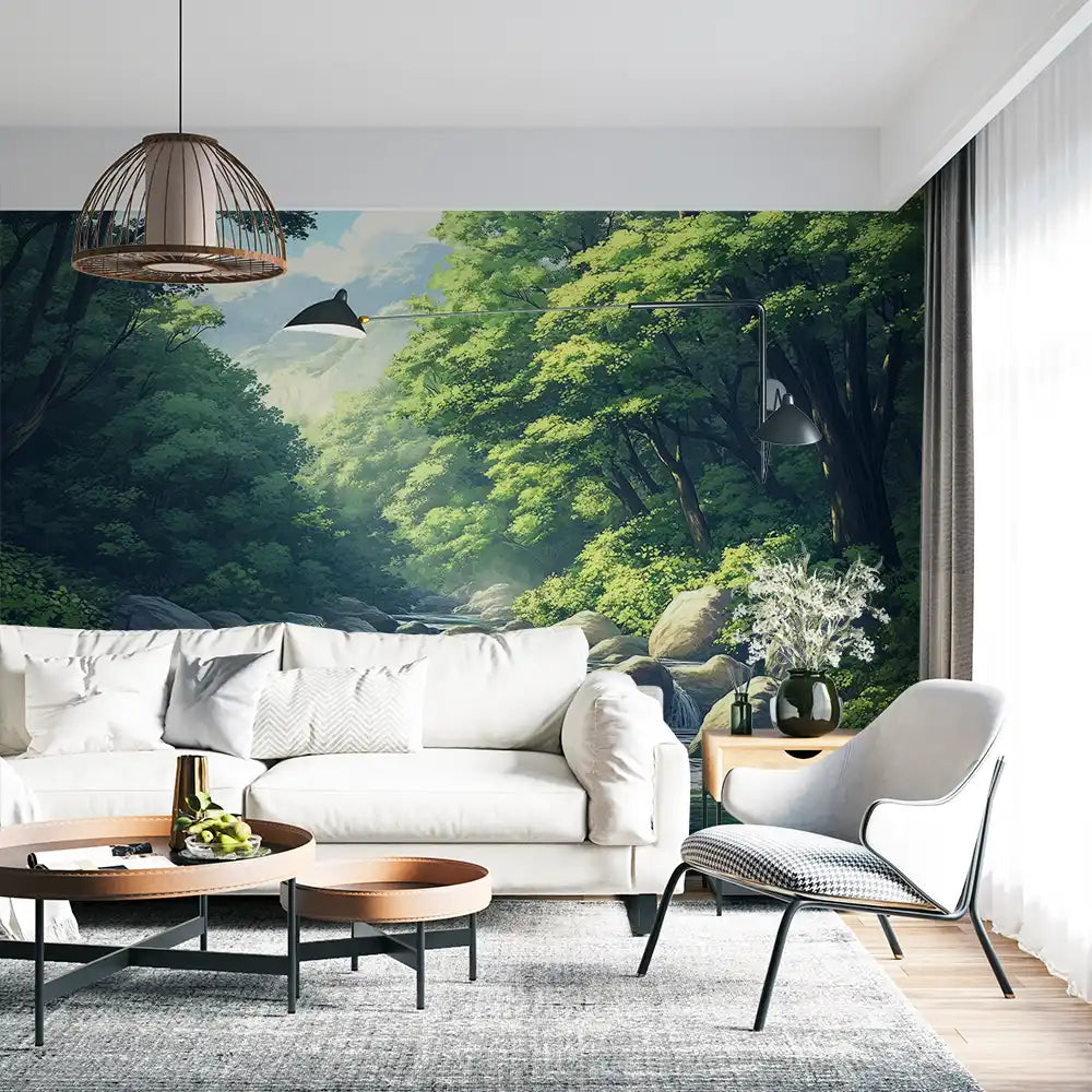 Interior view with green waterfall mural, modern furniture, and calm atmosphere in a living room.