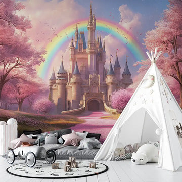 Dreamy children's room with a castle mural, pink trees, and a teepee, creating a whimsical atmosphere.