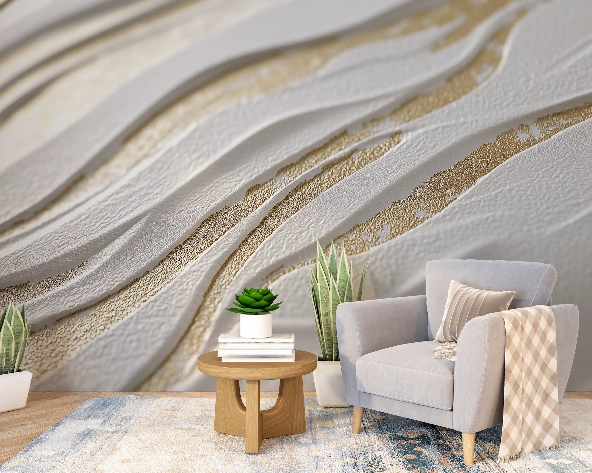 Phototapet with elegant relief texture enhancing modern interior decor with stylish armchair and plants.