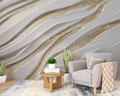 Phototapet with elegant relief texture enhancing modern interior decor with stylish armchair and plants.