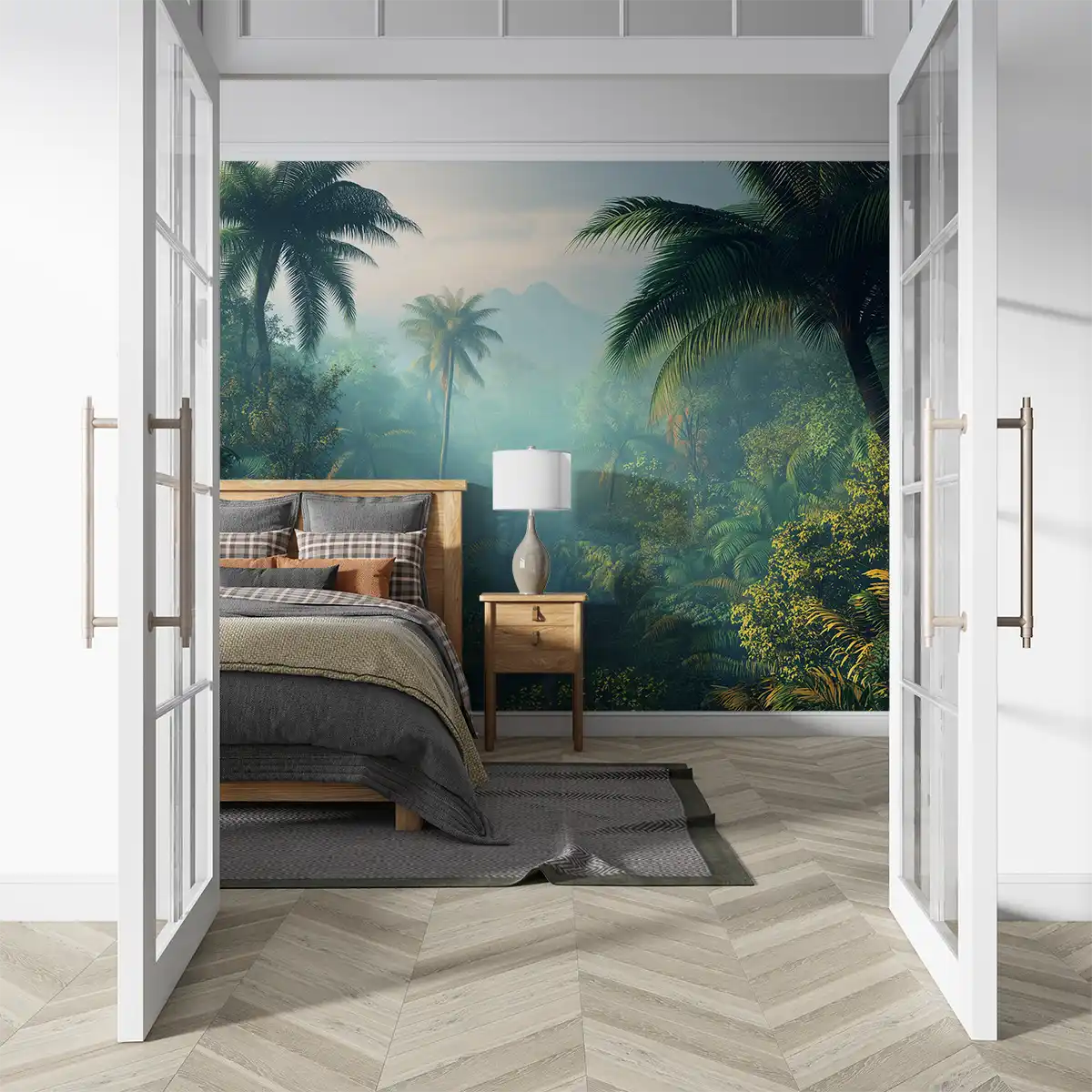 Cozy bedroom with a foggy tropical wall mural, creating a serene atmosphere in a stylish interior.