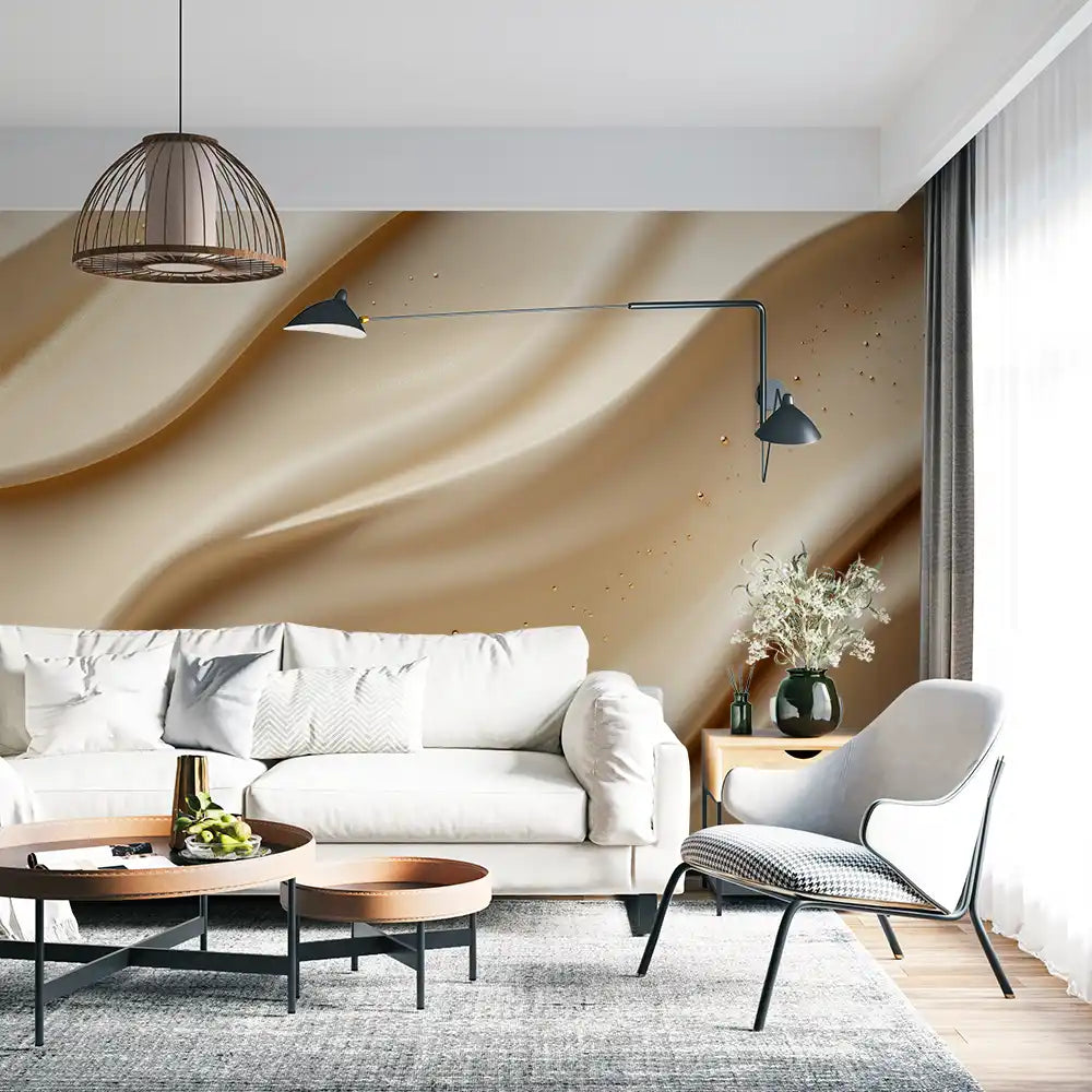 Stylish living room featuring the 'Мека естетика' photo wallpaper with elegant beige tones and modern furniture.