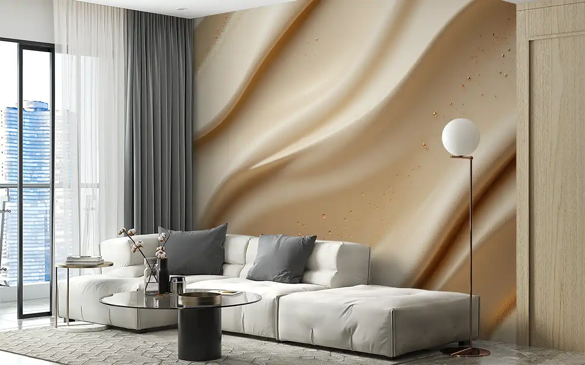 Stylish interior featuring 'Мека естетика' photo wallpaper with soft curves in neutral tones.
