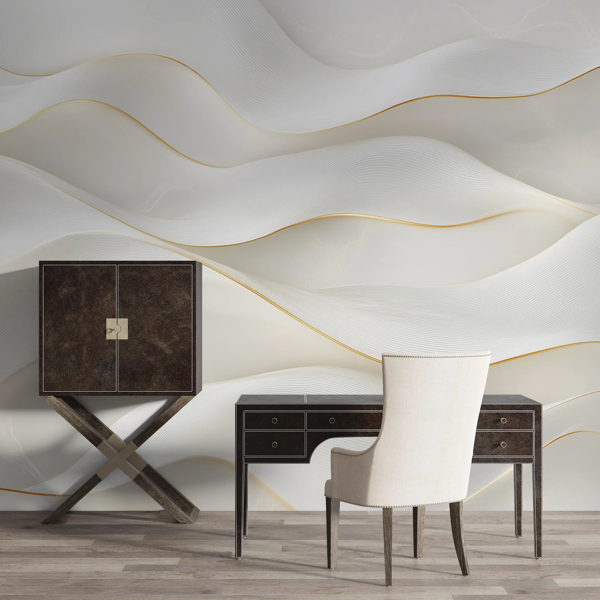 Elegant wall mural 'Shimmering Elegance' with waves and gold accents in a stylish office setting.