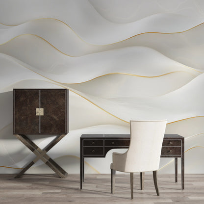 Elegant wall mural 'Shimmering Elegance' with waves and gold accents in a stylish office setting.