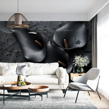 Elegant black floral wallpaper with calla lilies and water droplets in a modern living room setting.