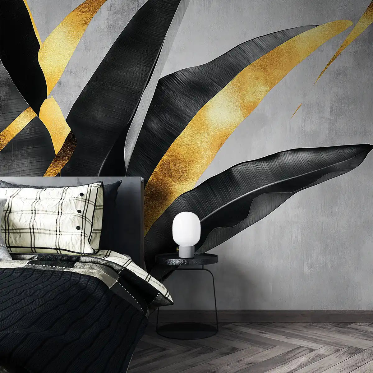Elegant black leaves with gold accents wallpaper in a modern bedroom setting, showcasing luxury and style.