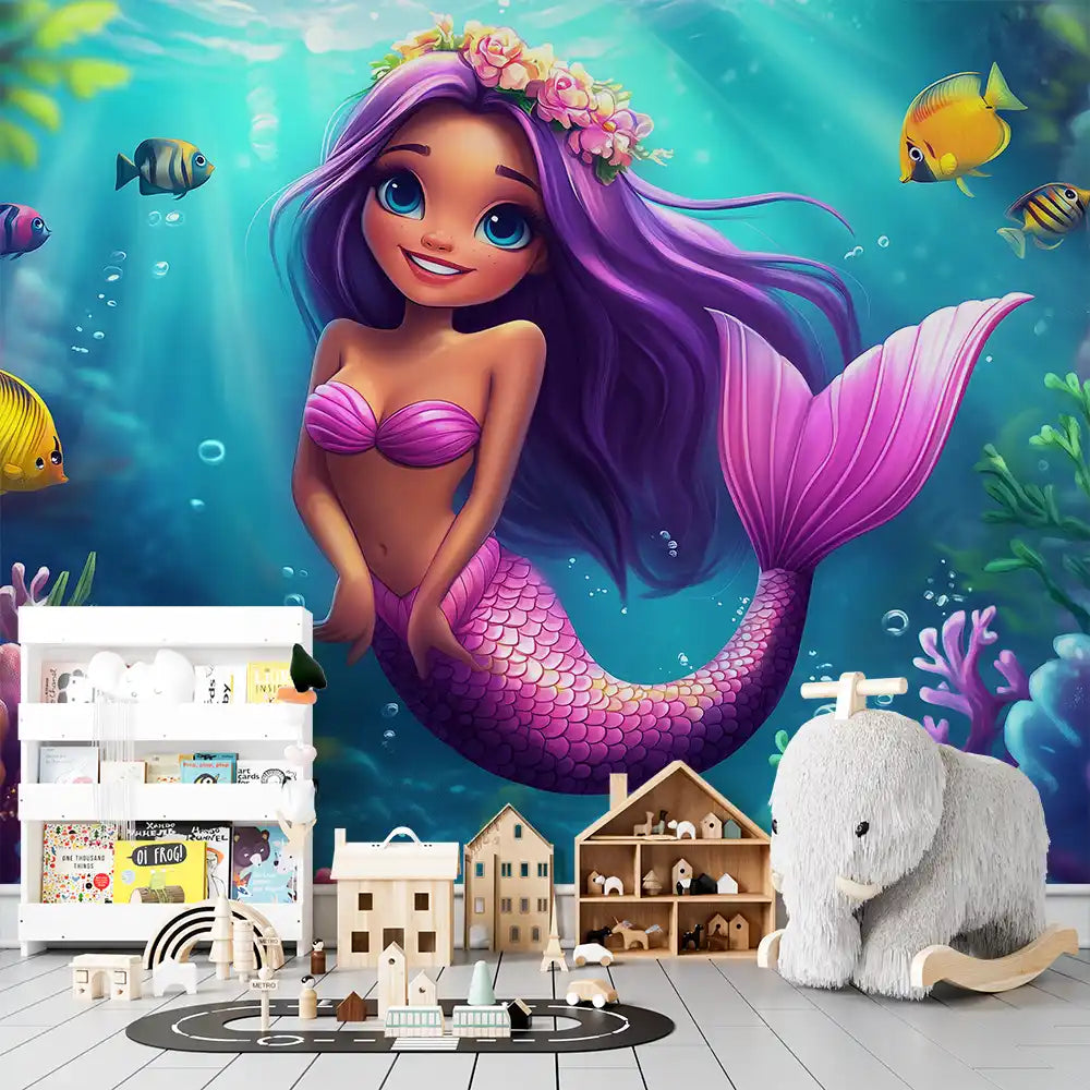 Colorful mermaid wallpaper for kids' room with cheerful fish and a vibrant underwater scene.