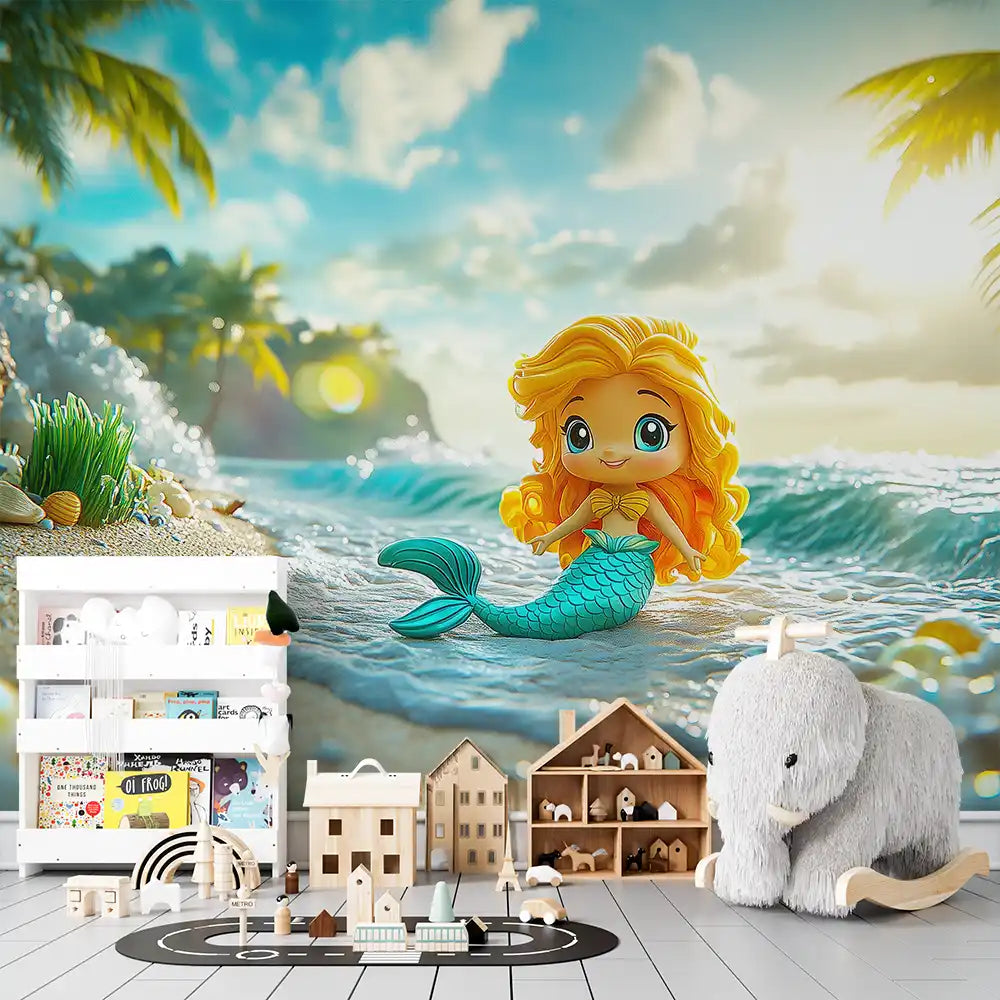 Colorful mermaid mural in a tropical setting, perfect for children's room decor.