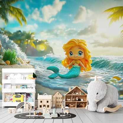 Colorful mermaid mural in a tropical setting, perfect for children's room decor.