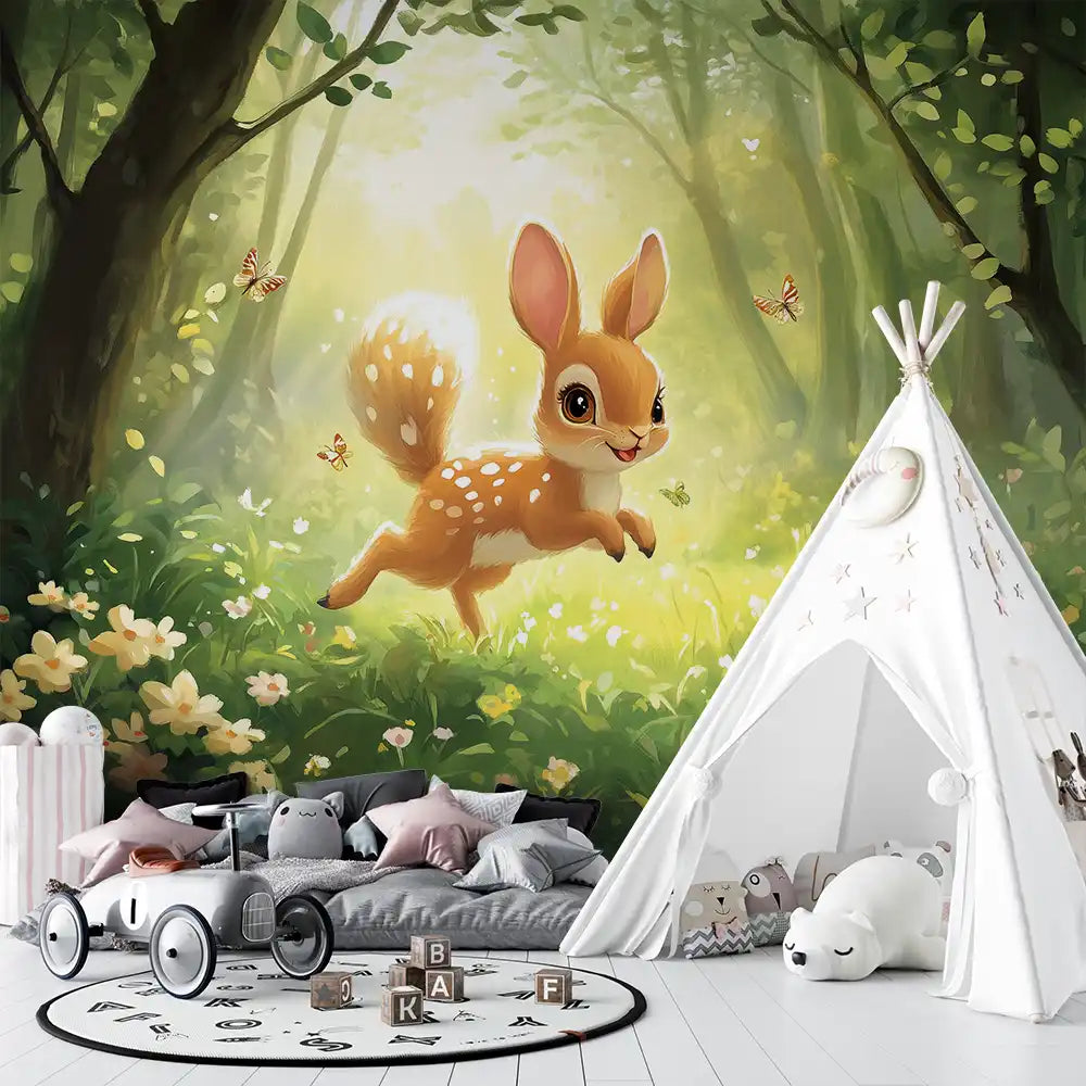 Cute cartoon rabbit in a sunny forest, perfect for a whimsical children's room mural.