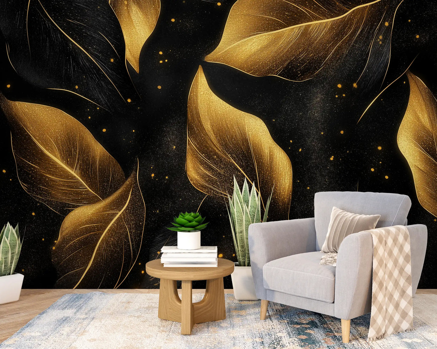 Elegant golden leaf wallpaper in a modern living space with a cozy chair and decorative plants.