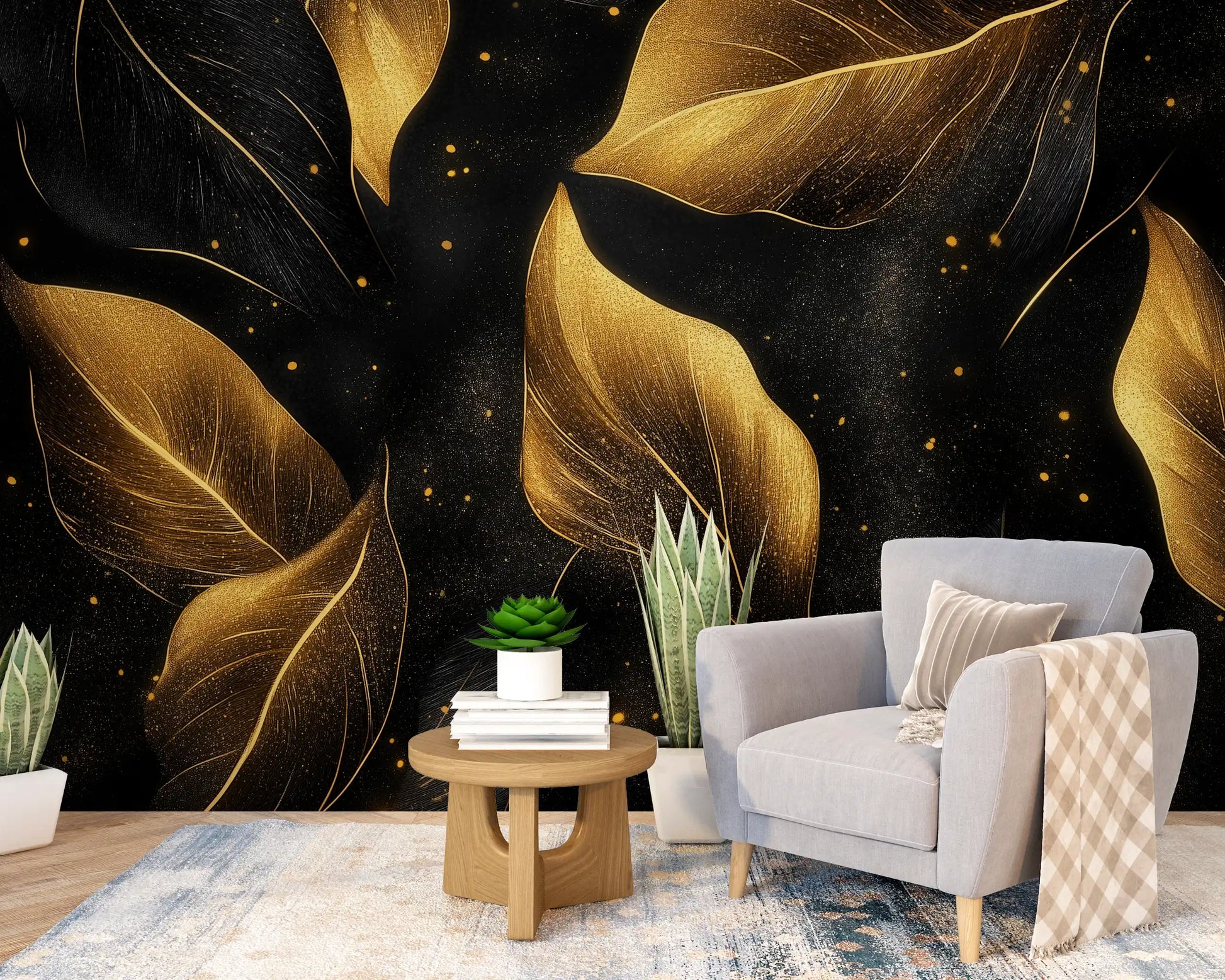 Elegant golden leaf wallpaper in a modern living space with a cozy chair and decorative plants.