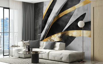 Stylish living room with black and gold wallpaper accents, featuring modern furniture and plenty of natural light.