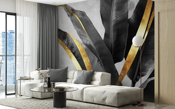 Stylish living room featuring photo wallpaper with dark leaves and golden accents for elegant interior design.