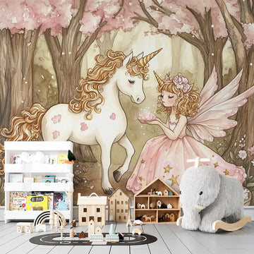 Magical fairy and unicorn wall mural for children's room with pastel colors, creating an enchanting and harmonious atmosphere.