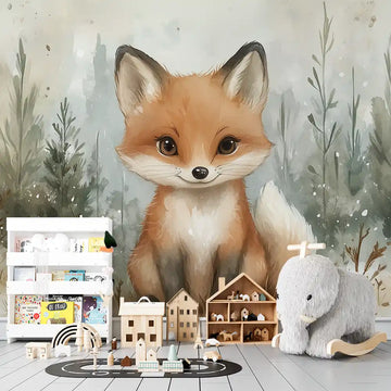Enchanting fox-themed children's mural wallpaper for a playful and colorful kid's room decor.