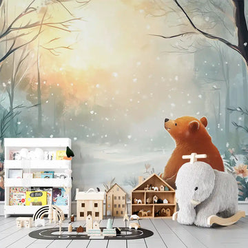 Colorful children's room with a forest-themed wallpaper featuring a bear, toys, and a cozy atmosphere.