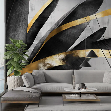 Stylish photo wallpaper with black leaves and golden accents in a modern living room decor.