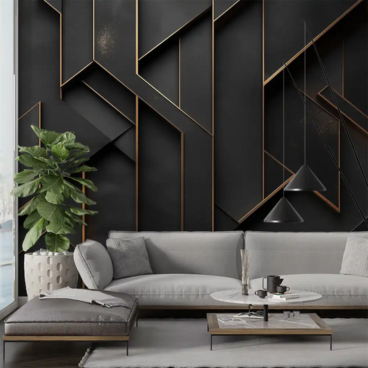 Stylish living room featuring black and gold geometric wallpaper, modern sofa, and elegant decor elements.