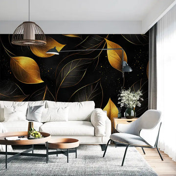 Elegant living room with golden leaf wallpaper and modern decor, showcasing a stylish and cozy atmosphere.