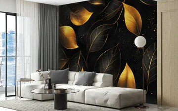 Elegant gold leaf wallpaper design for a modern living room and bedroom interior.