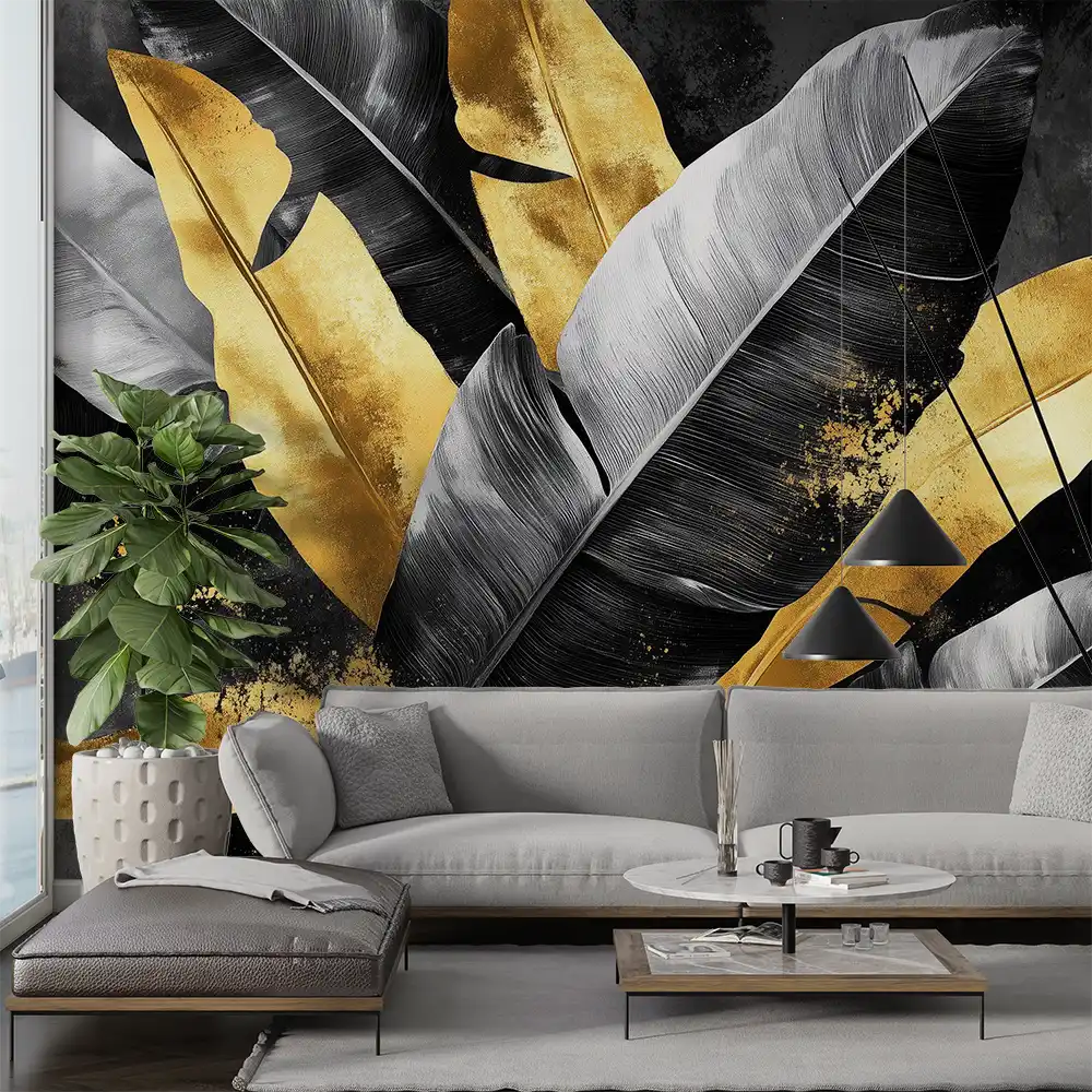 Elegant wallpaper featuring black and gold foliage design, enhancing the interior of a living room.