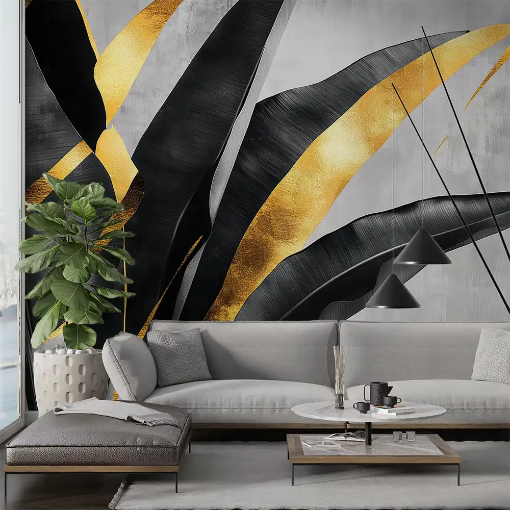 Elegant black leaf wallpaper with gold accents in a modern living room setting.