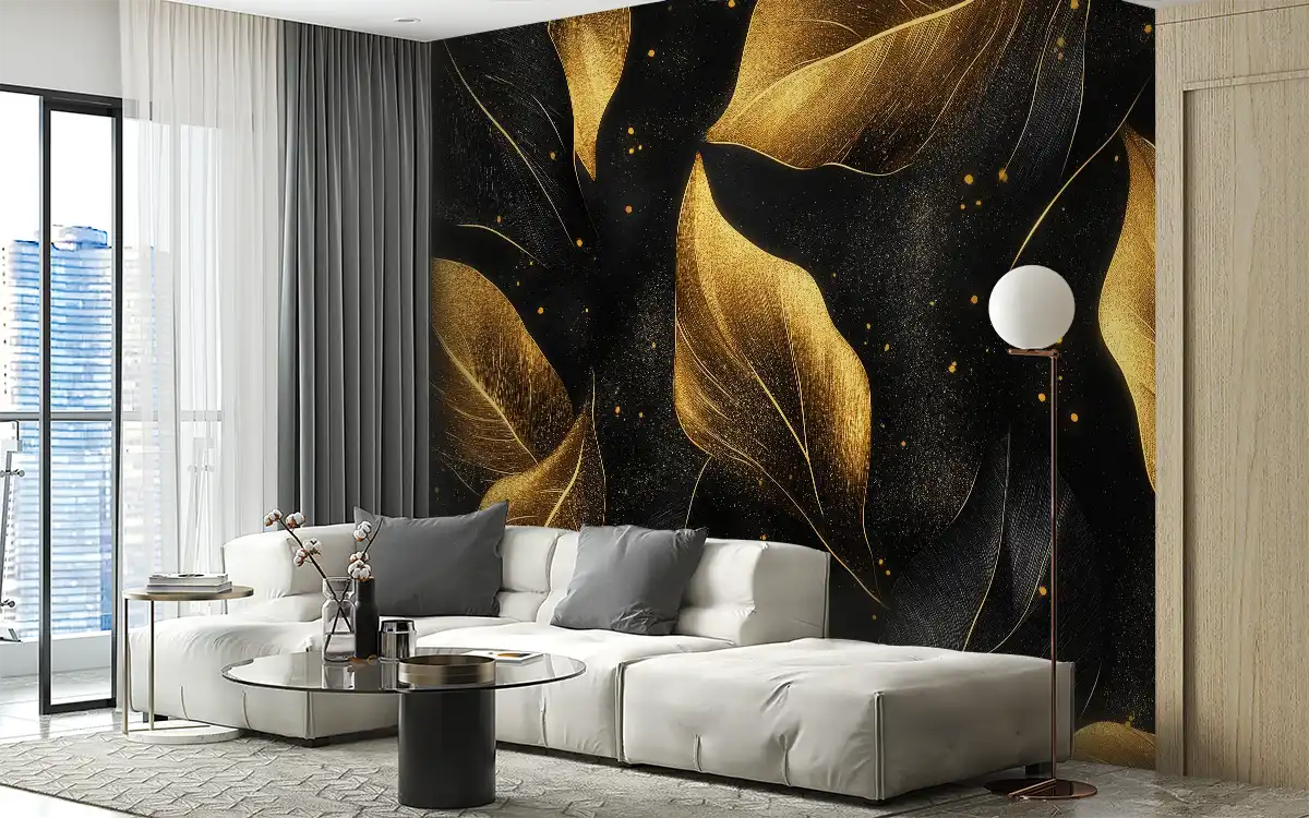 Stylish living room featuring elegant golden leaf wallpaper and modern furniture.