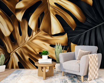 Luxurious golden leaf wallpaper in a modern living room with gray armchair and plants.