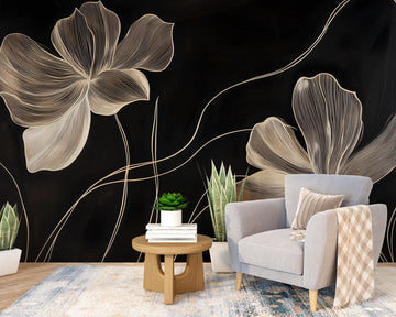 Minimalist flower wallpaper in a cozy living space with light tones and a stylish armchair.