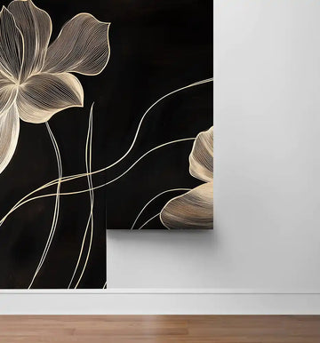 Minimalist floral wallpaper design in black and white for a stylish living room or bedroom interior.