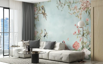 Elegant living room with floral wallpaper, soft pastel colors, and modern furniture for a cozy atmosphere.